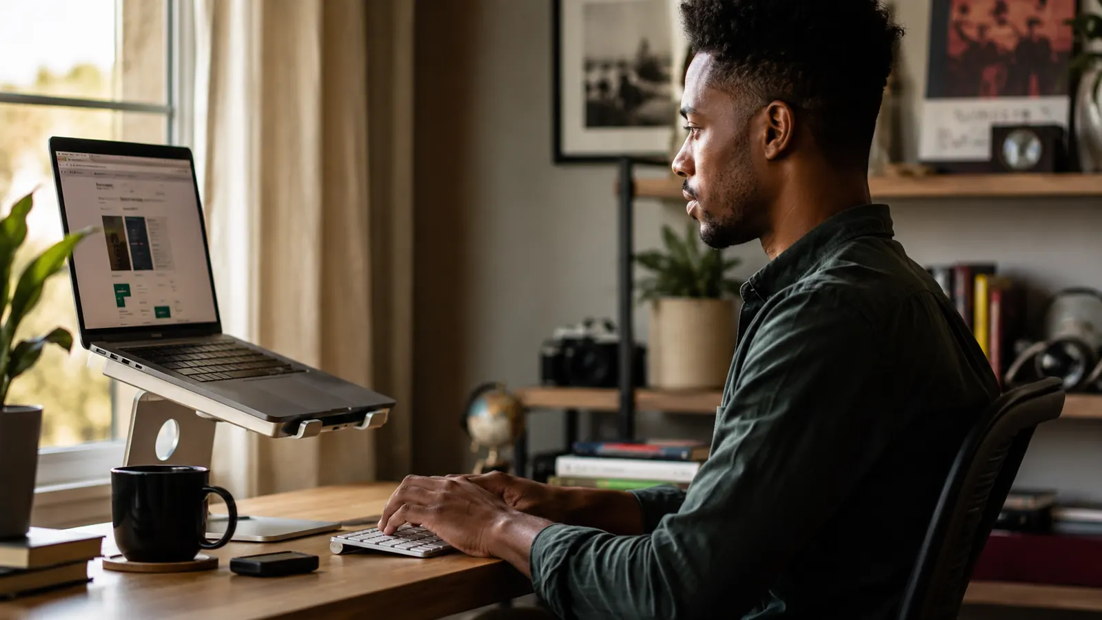 Person working comfortably at a desk with a laptop on a stand, relaxed shoulders, good posture