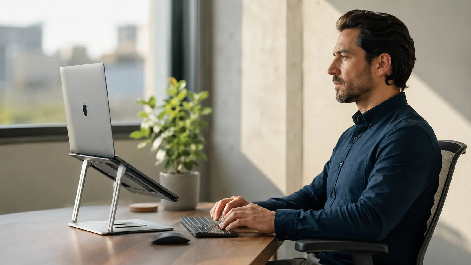 Laptop raised on an aluminum stand at a clean home office desk with an external keyboard and mouse