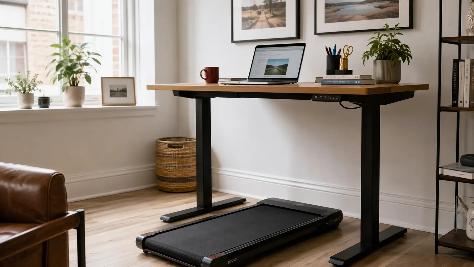 Person walking on an under-desk treadmill while working at a standing desk in a bright home office
