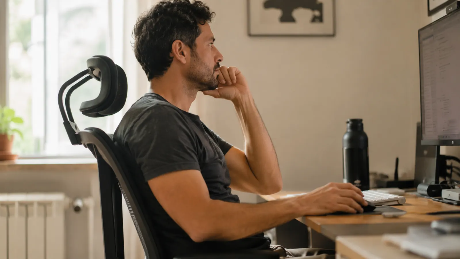 Person sitting at a home office desk adjusting position in an office chair, looking uncomfortable