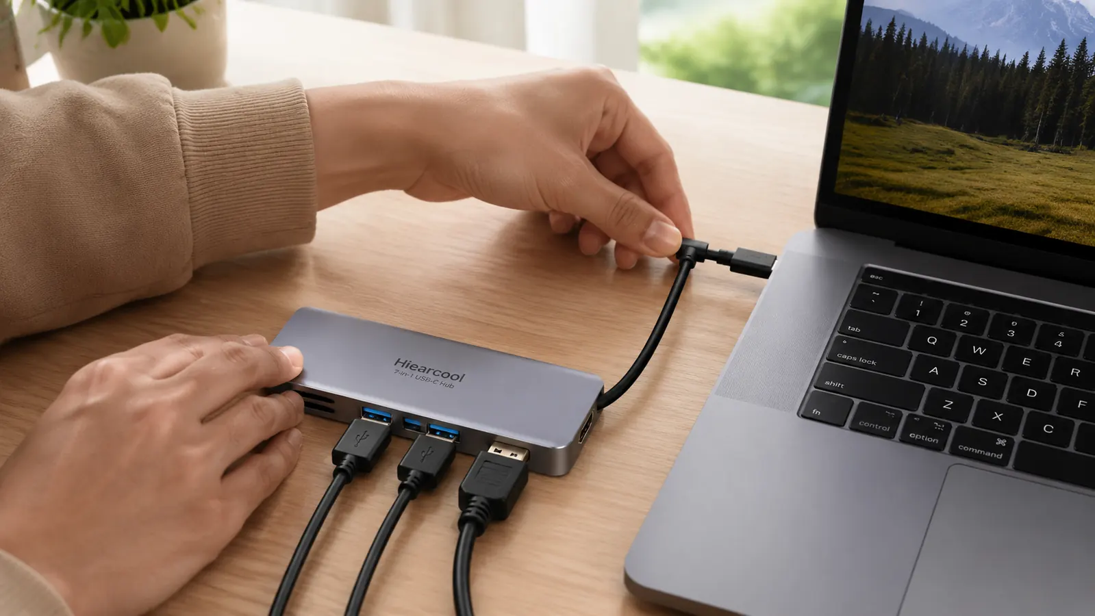 Hand plugging a USB-C hub into a laptop with multiple cables connected to the hub's ports