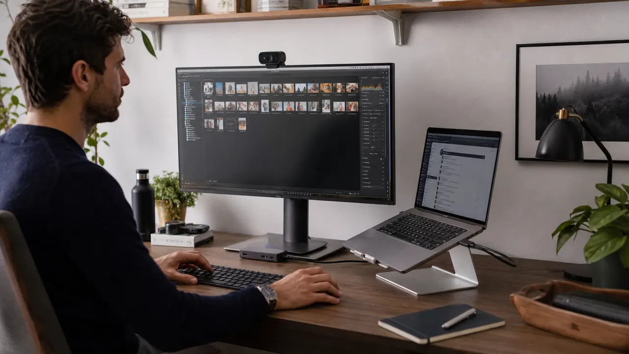 Clean home office desk with a single USB-C hub connecting a monitor, keyboard, and phone charger to a laptop