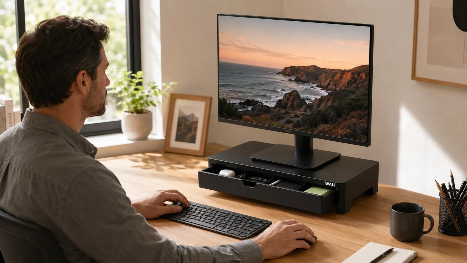 Hand placing a pen into the side pen holder slot of the WALI monitor stand riser on a real desk