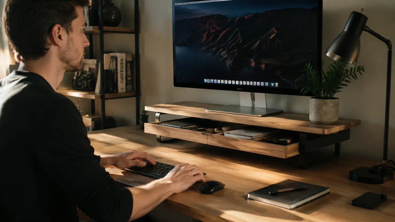 Clean home office desk with a monitor raised on a stand riser, pen holder on the side, and clear workspace underneath