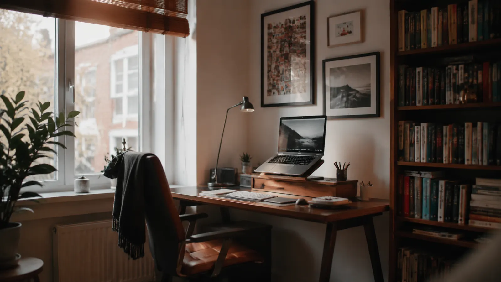 Person working comfortably at a tidy home office desk with a laptop raised on an aluminum stand, relaxed upright posture