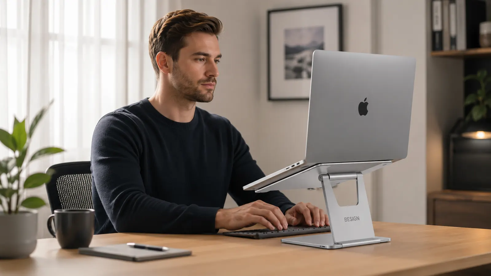Close-up of the BESIGN LS03 laptop stand's adjustable hinge and rubber grip pads with a laptop resting on it