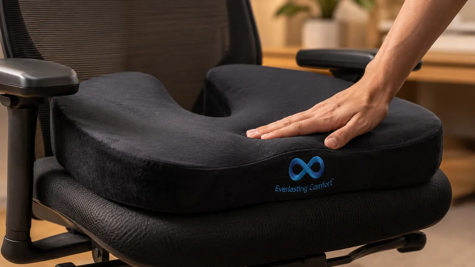 Everlasting Comfort seat cushion shown from above on a plain office chair seat, showing U-shaped coccyx cutout