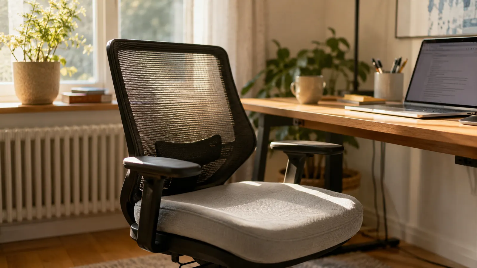 Dark memory foam seat cushion on a mesh office chair at a tidy home office desk, warm morning light from window