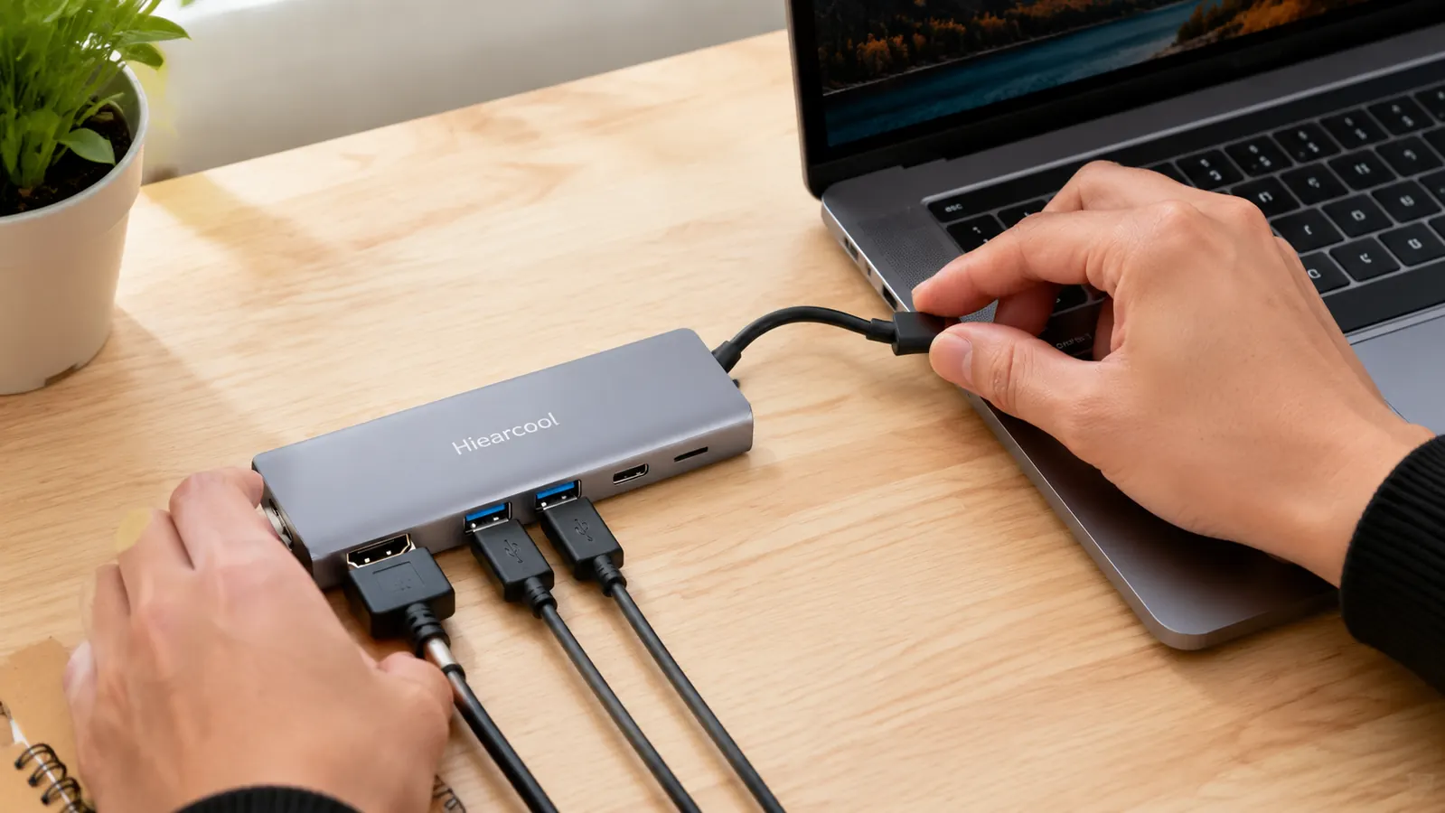Close-up of the Hiearcool hub with every port in use, cables running to different devices on the desk
