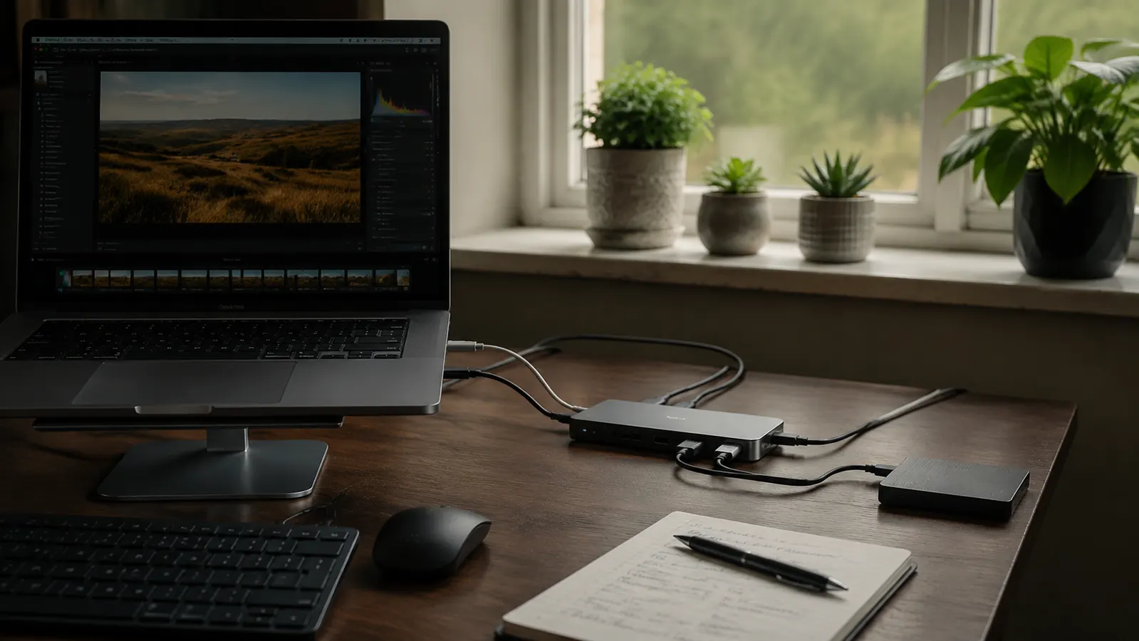 Laptop displaying a 4K video file on an external monitor connected through the USB-C hub