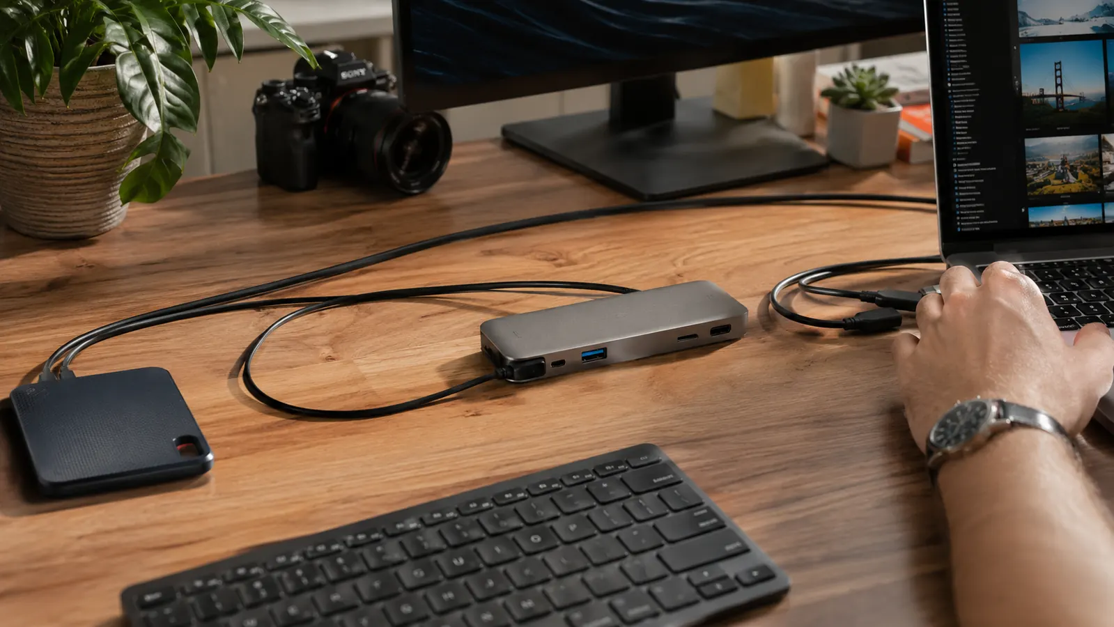 Hiearcool USB-C hub connected to a laptop on a home office desk with all ports in use, HDMI cable running to a monitor