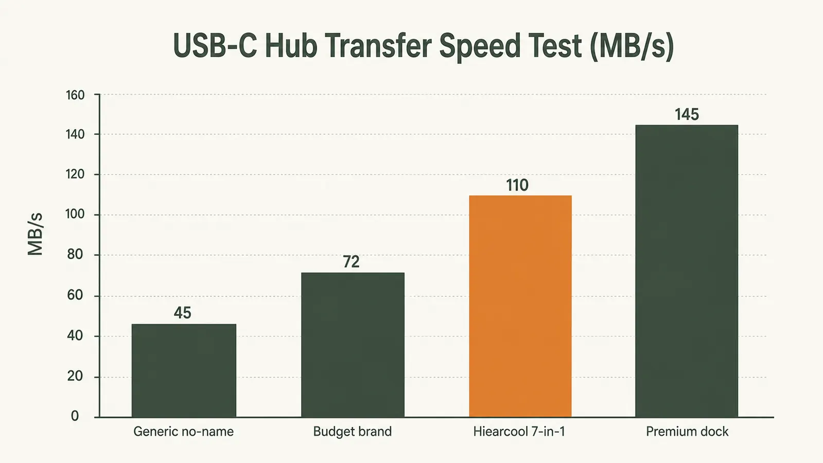 Side-by-side chart showing which ports the Hiearcool hub includes versus a basic 3-port hub