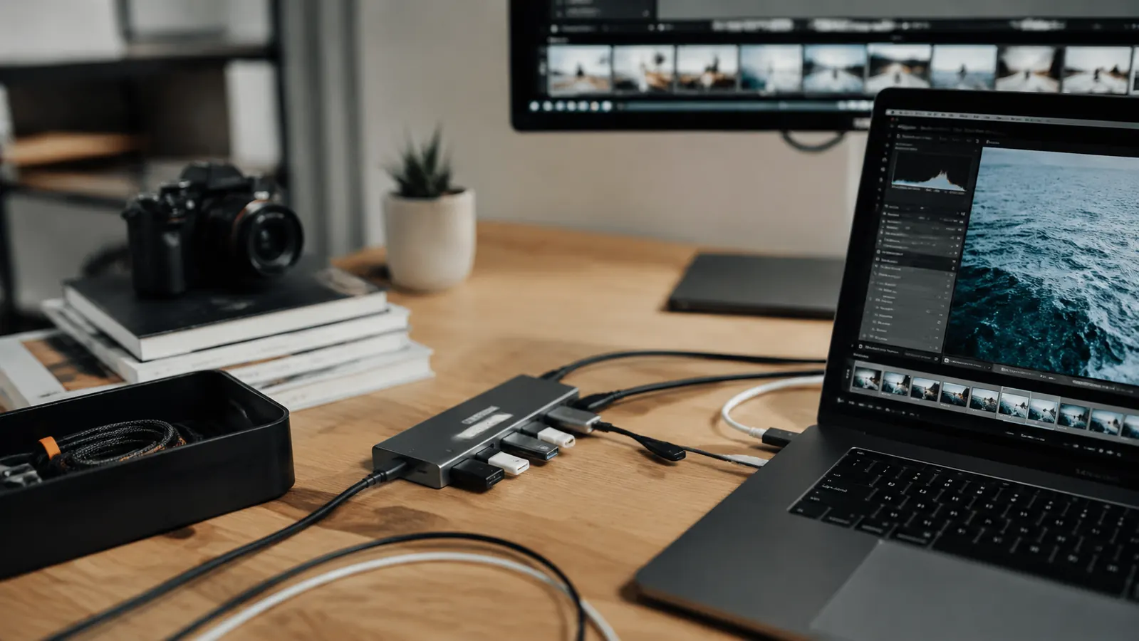 Compact USB-C hub sitting on a clean home office desk next to an open laptop, cables plugged in neatly