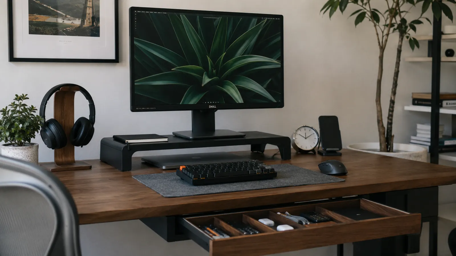 Tidy home office desk with a monitor raised on a stand, clear surface, warm morning light from a window
