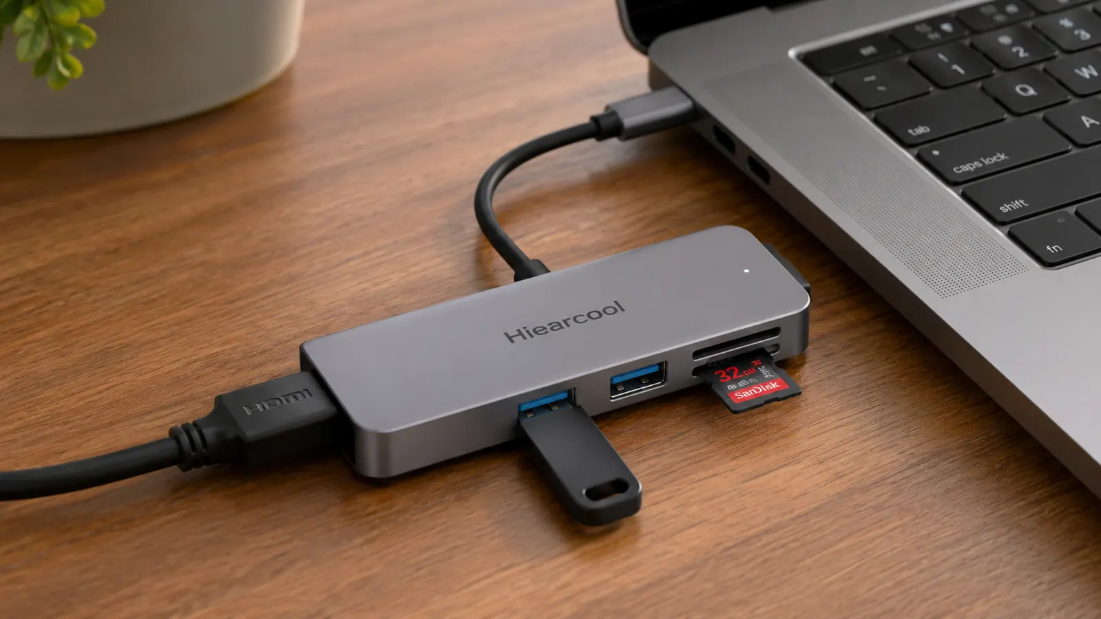 Hand plugging the Hiearcool 7-in-1 USB-C hub into a laptop, with HDMI cable, USB-A devices, and SD card all connected