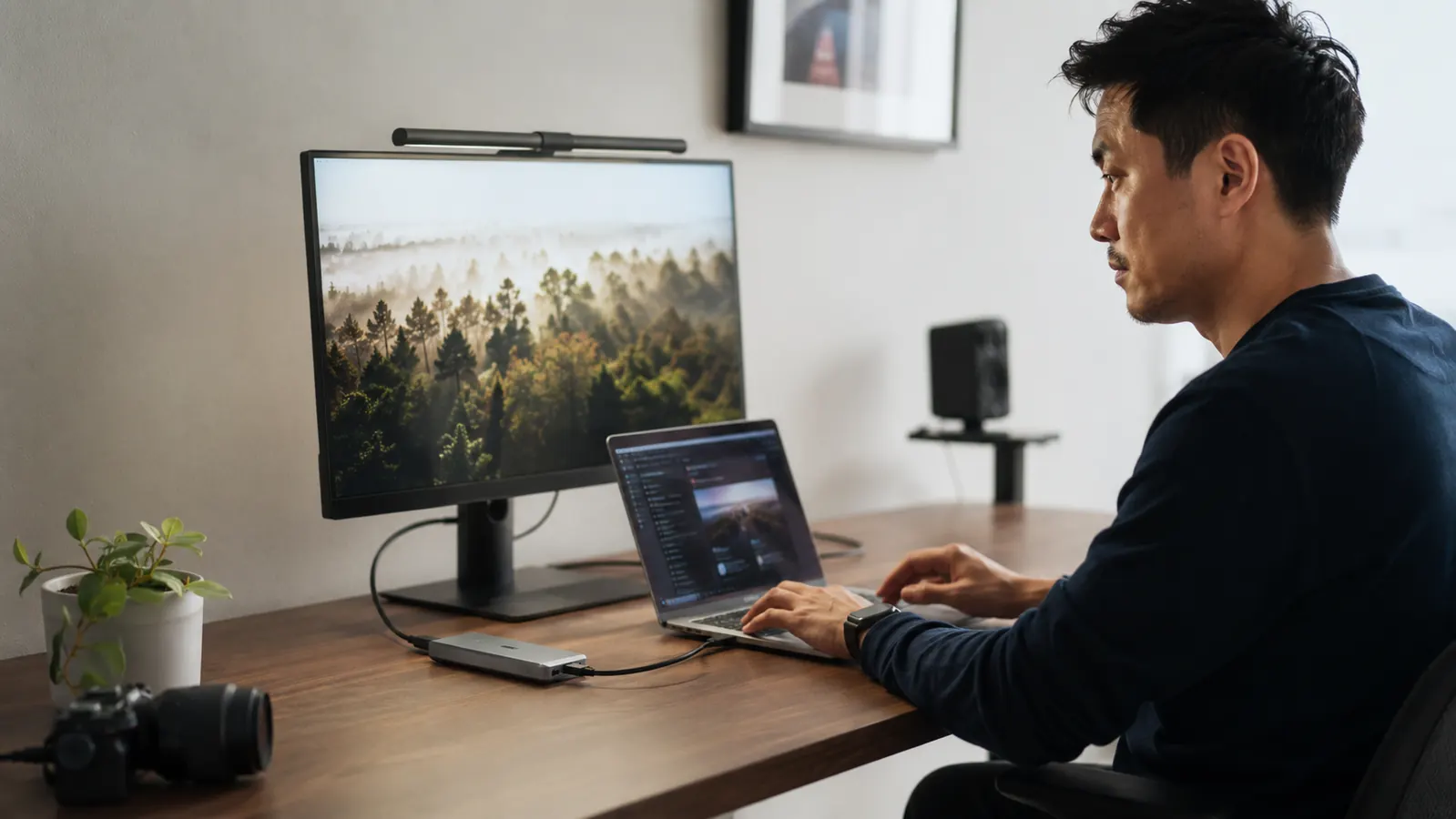 Clean home office desk with a single compact USB-C hub connecting a laptop to a monitor and keyboard, no loose dongles visible