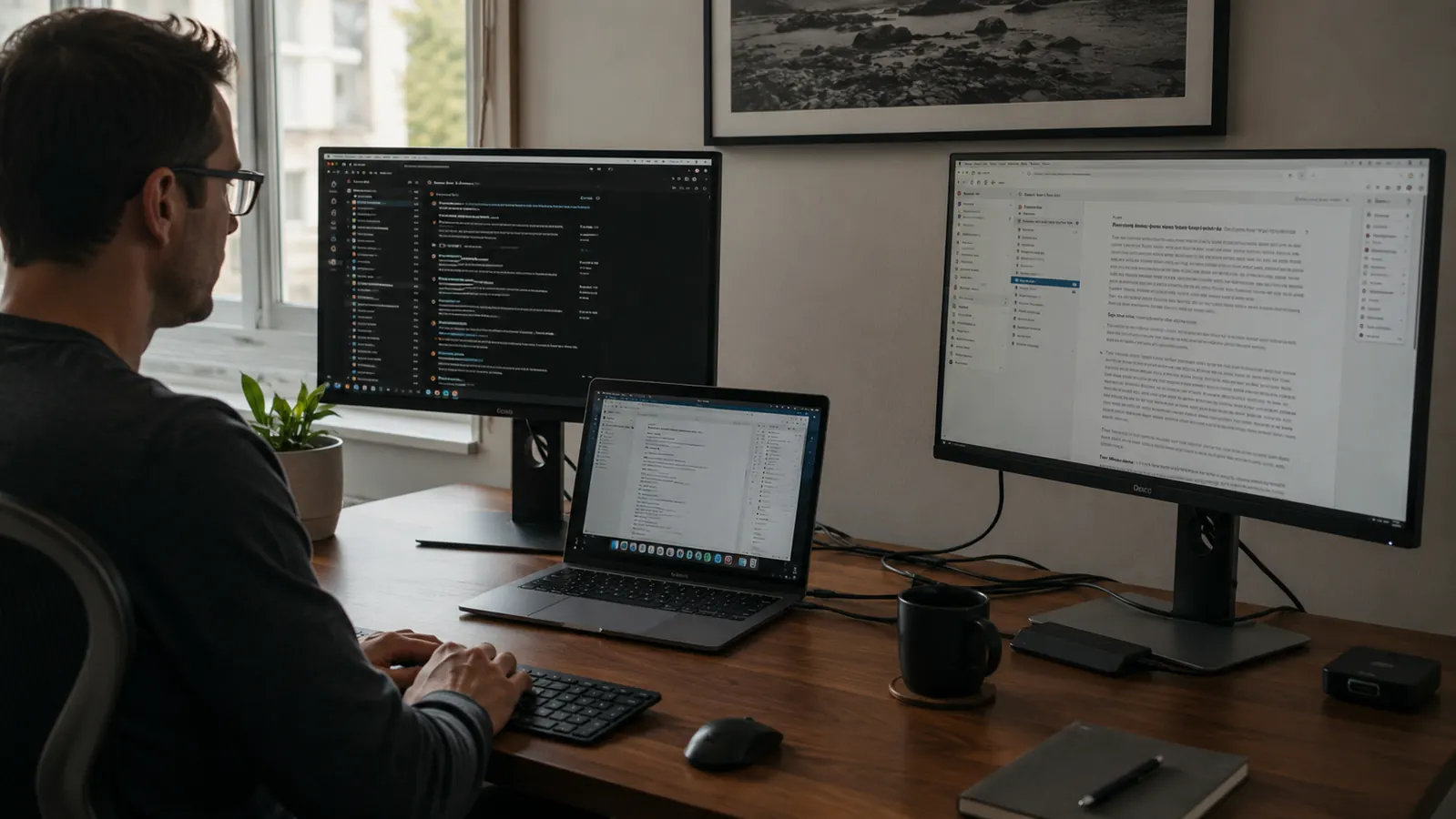 Clean home office desk with a laptop connected to an external monitor via a compact USB-C hub, keyboard and mouse neatly arranged
