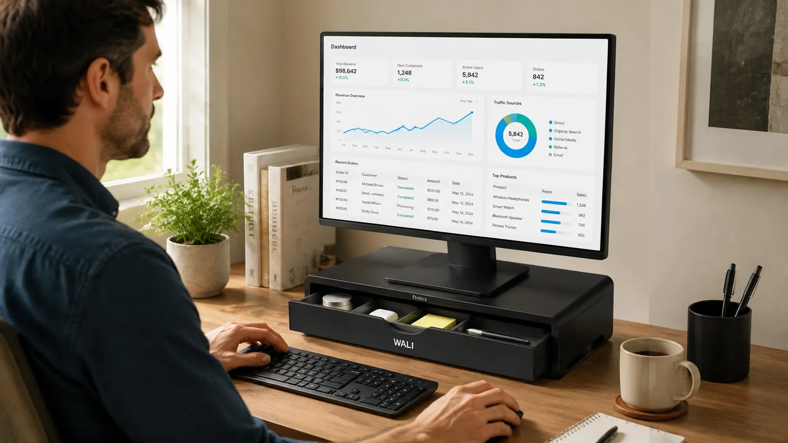 WALI monitor stand riser with built-in drawer, holding a monitor, with a keyboard and mouse tucked underneath