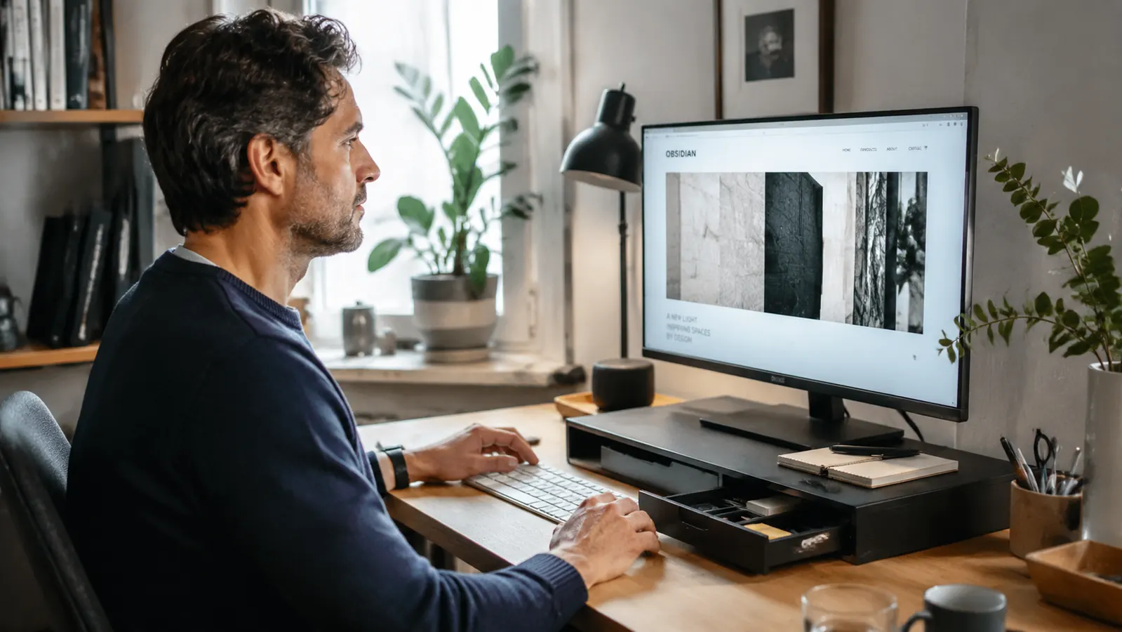 Person sitting at a well-organized home office desk, looking comfortably at a monitor at eye level
