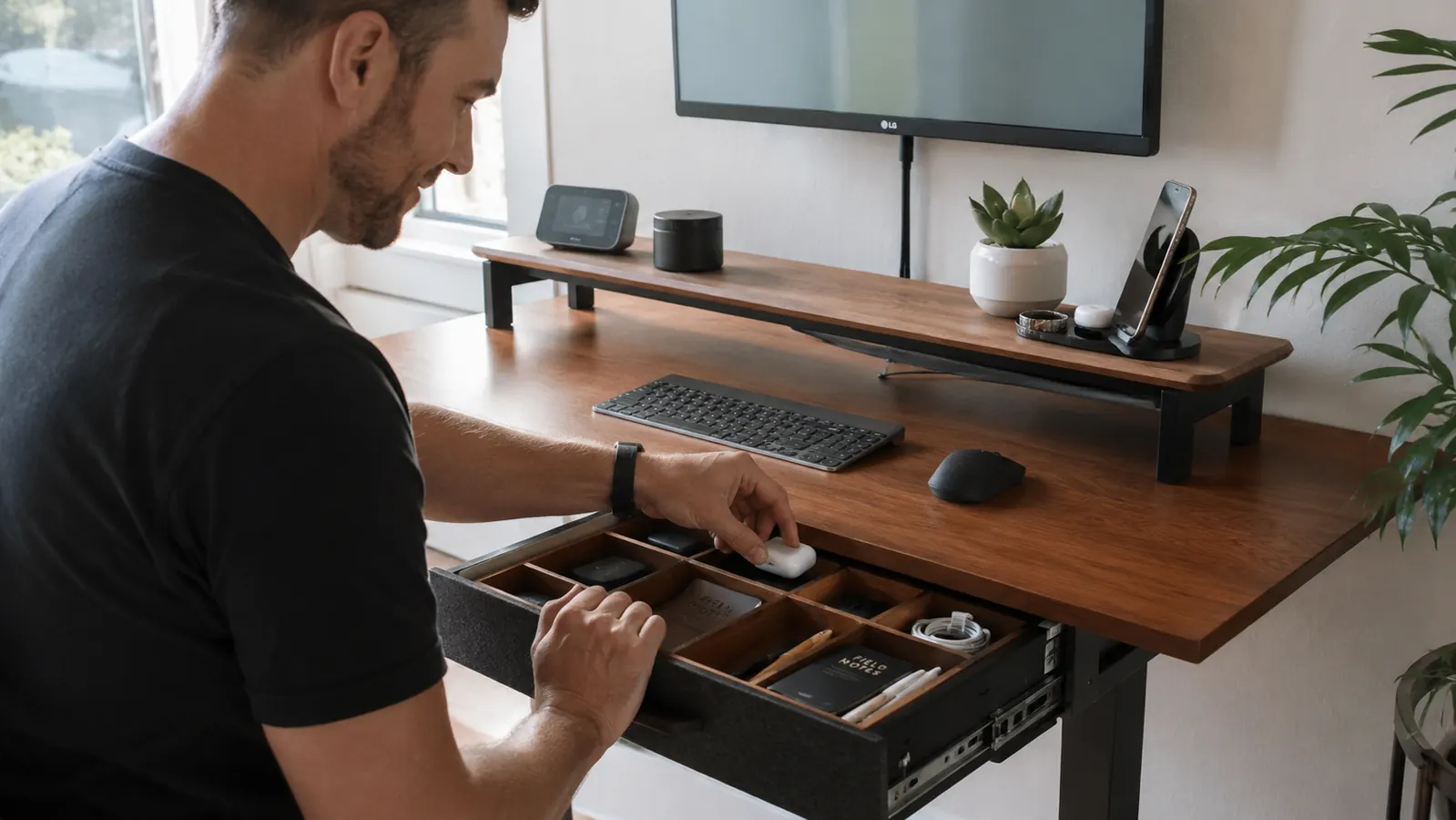 Clean, organized home office desk with a monitor raised on a stand riser, warm morning light from a window