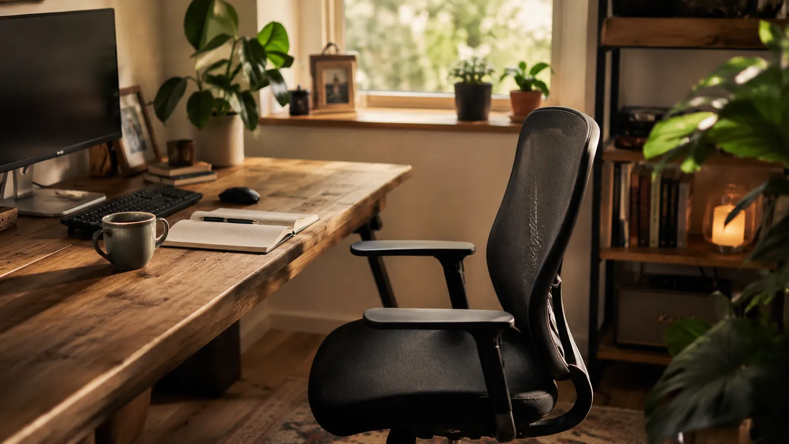 Person sitting at a home office desk with one hand resting on their lower back, visible discomfort from long hours of sitting