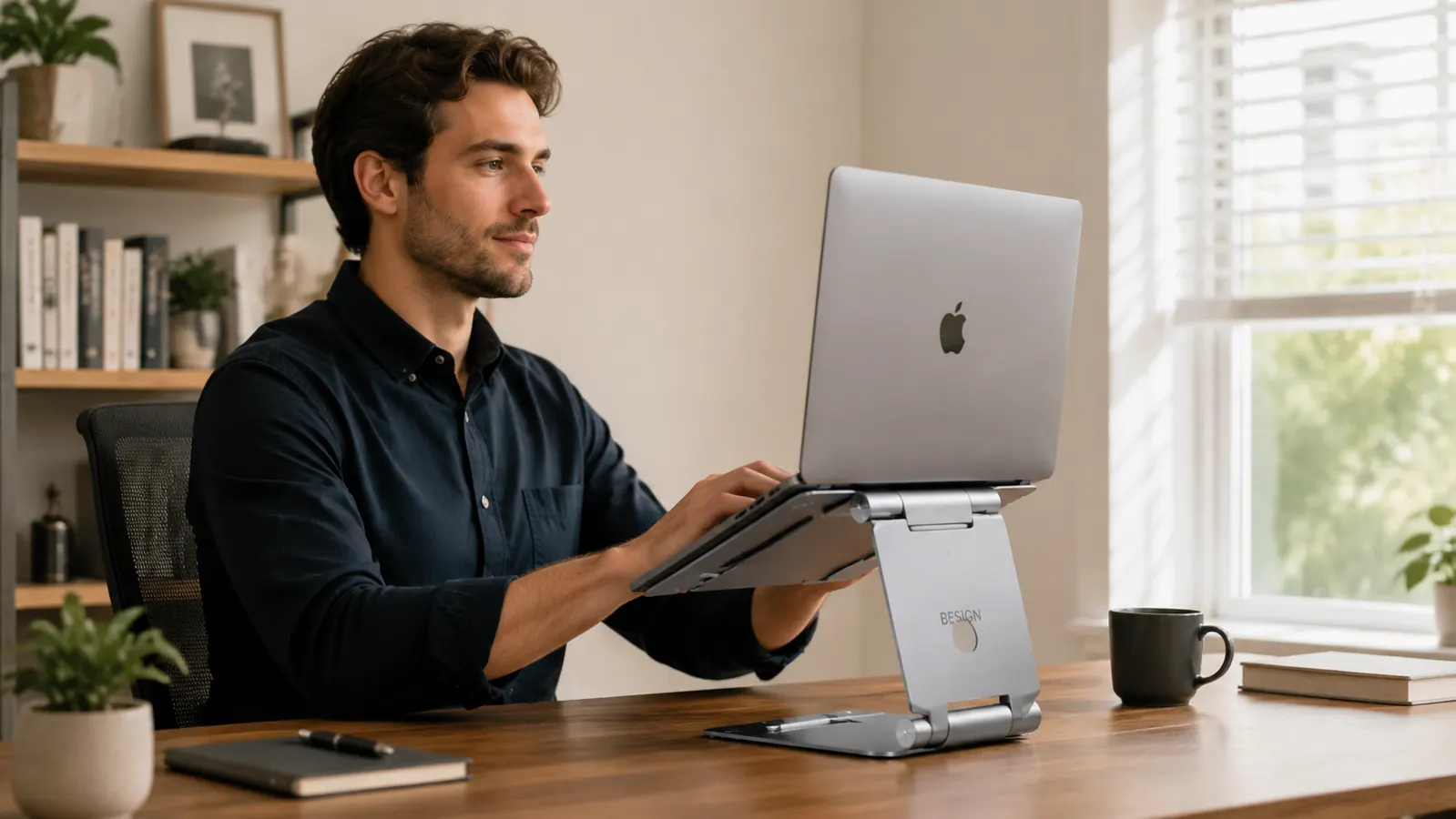 Hands placing a BESIGN LS03 aluminum laptop stand on a wooden desk, adjusting the angle before setting a MacBook on it