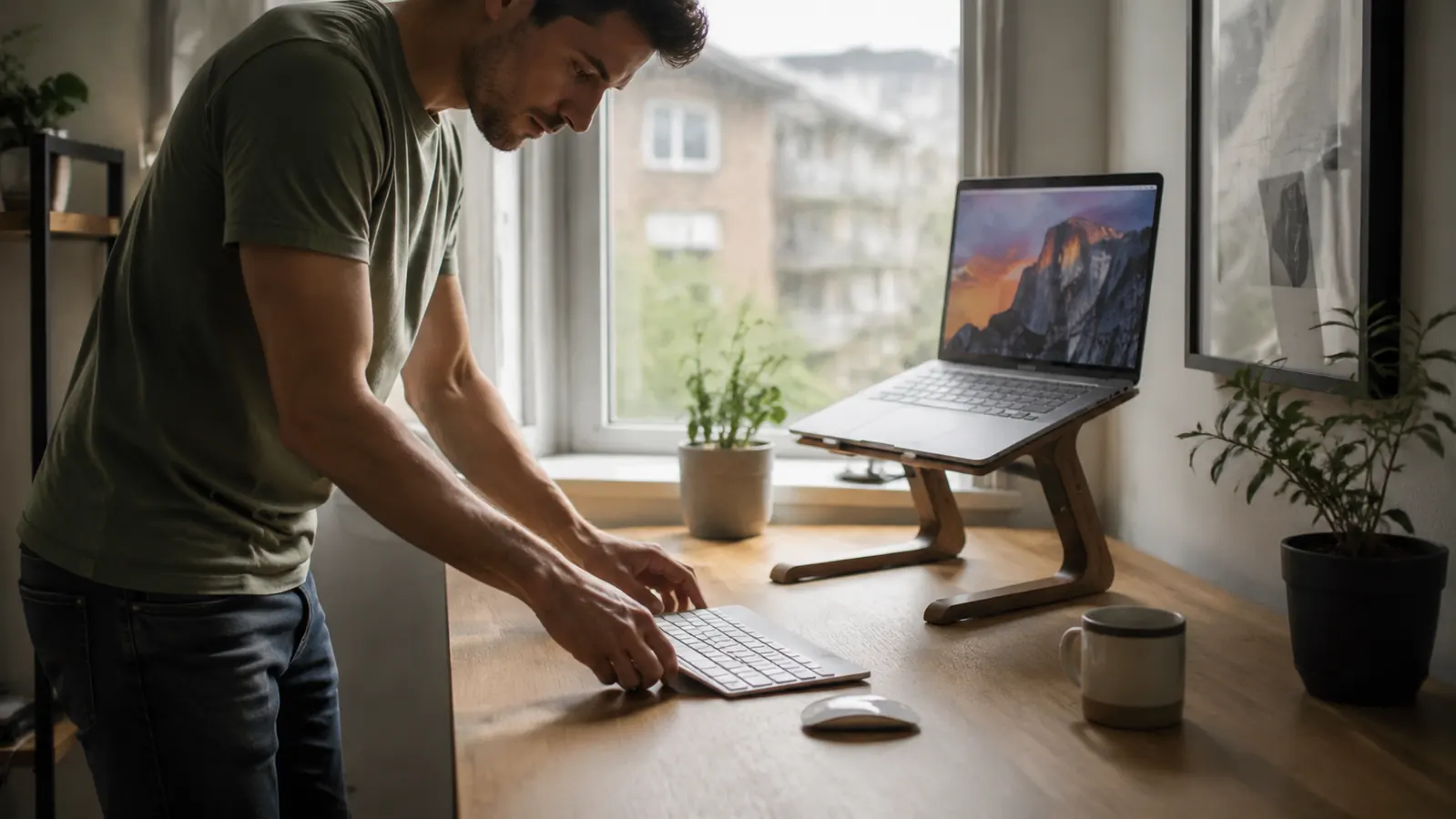 Organized home office desk showing a laptop on an aluminum stand with a separate keyboard, mouse, USB-C hub, and desk lamp all neatly arranged