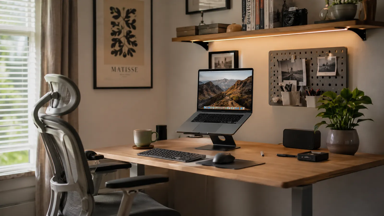 Tidy home office desk with a laptop raised on an aluminum stand, external keyboard and mouse positioned in front, warm morning light from a window on the left