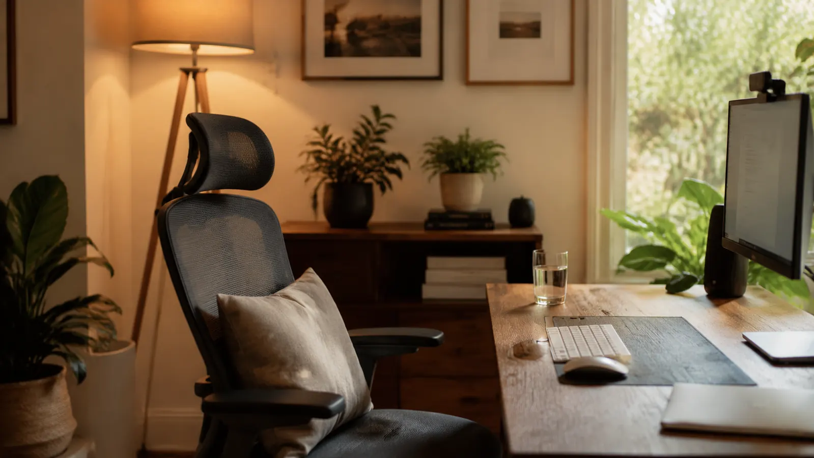 Overhead view of a compact home office desk setup with a walking pad stored neatly underneath