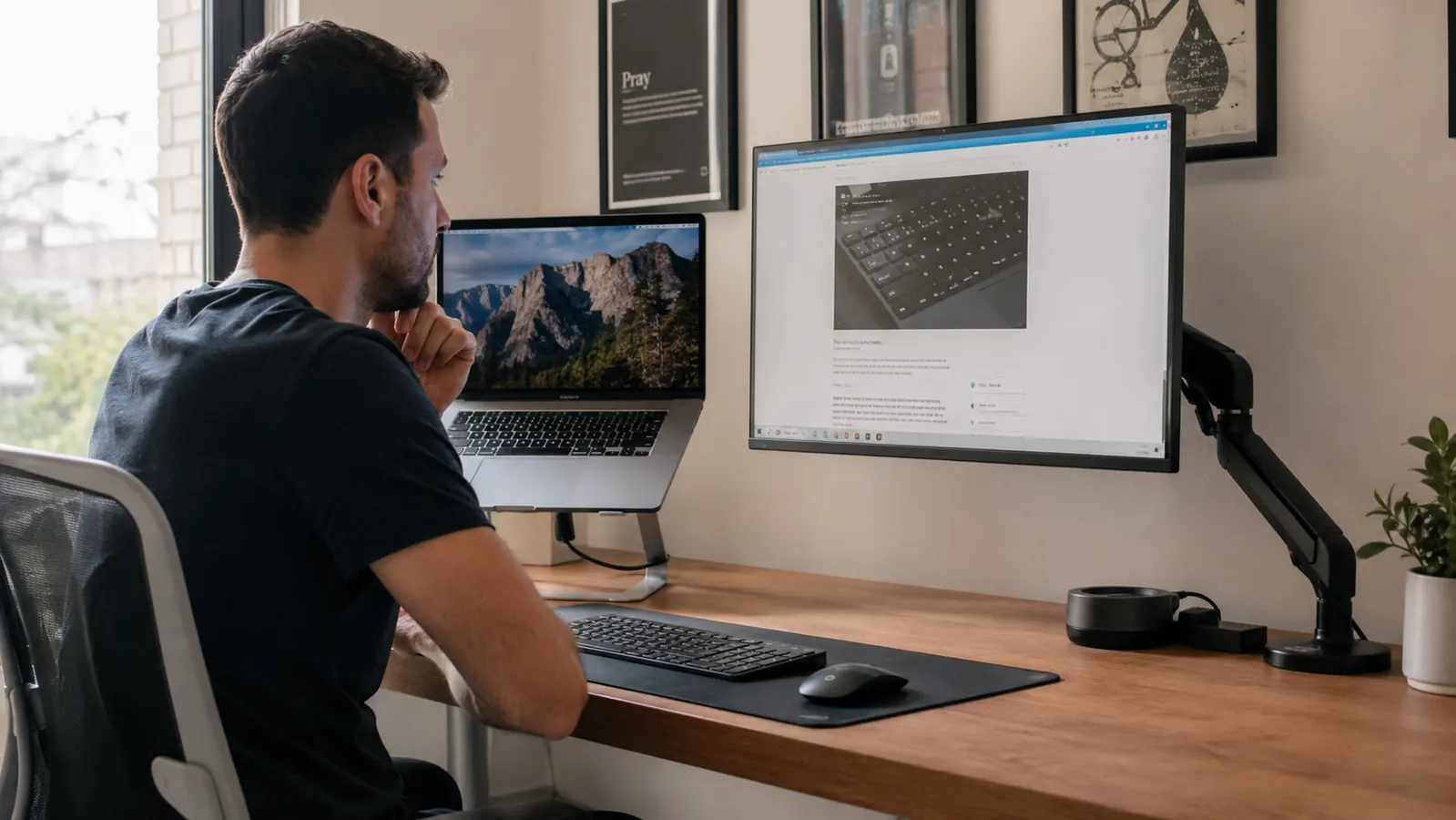 Clean home office desk with a laptop raised on an aluminum stand and an external keyboard placed in front