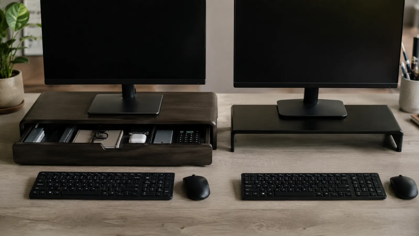 Home office desk with a monitor riser with built-in drawer, pen holders visible, and a clean organized surface underneath