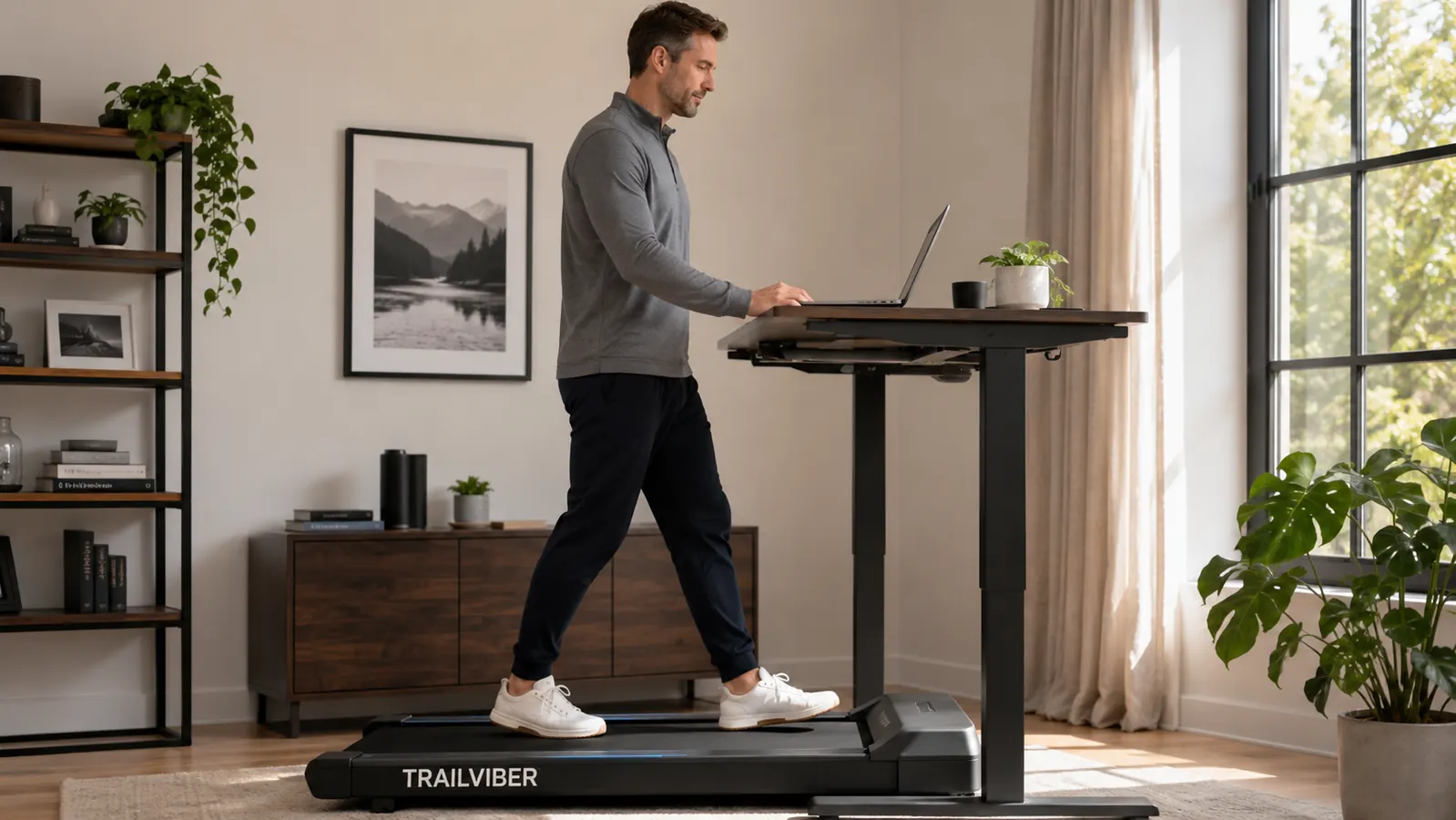 Close-up of the TRAILVIBER walking pad incline mechanism and the elevated front deck during use