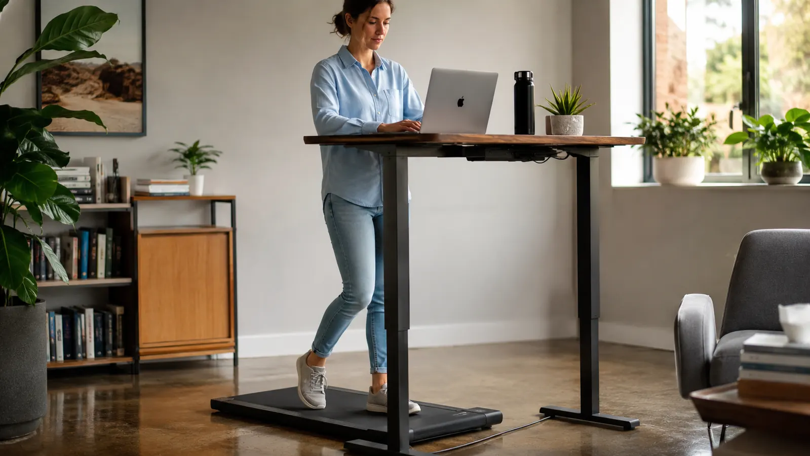 A home office desk with a walking pad treadmill underneath, person standing at a monitor with coffee on the desk, natural window light