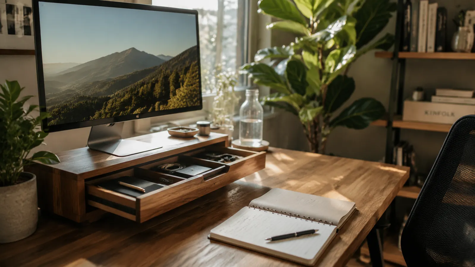 Person sitting at a home office desk with monitor at proper eye level on a riser, relaxed upright posture
