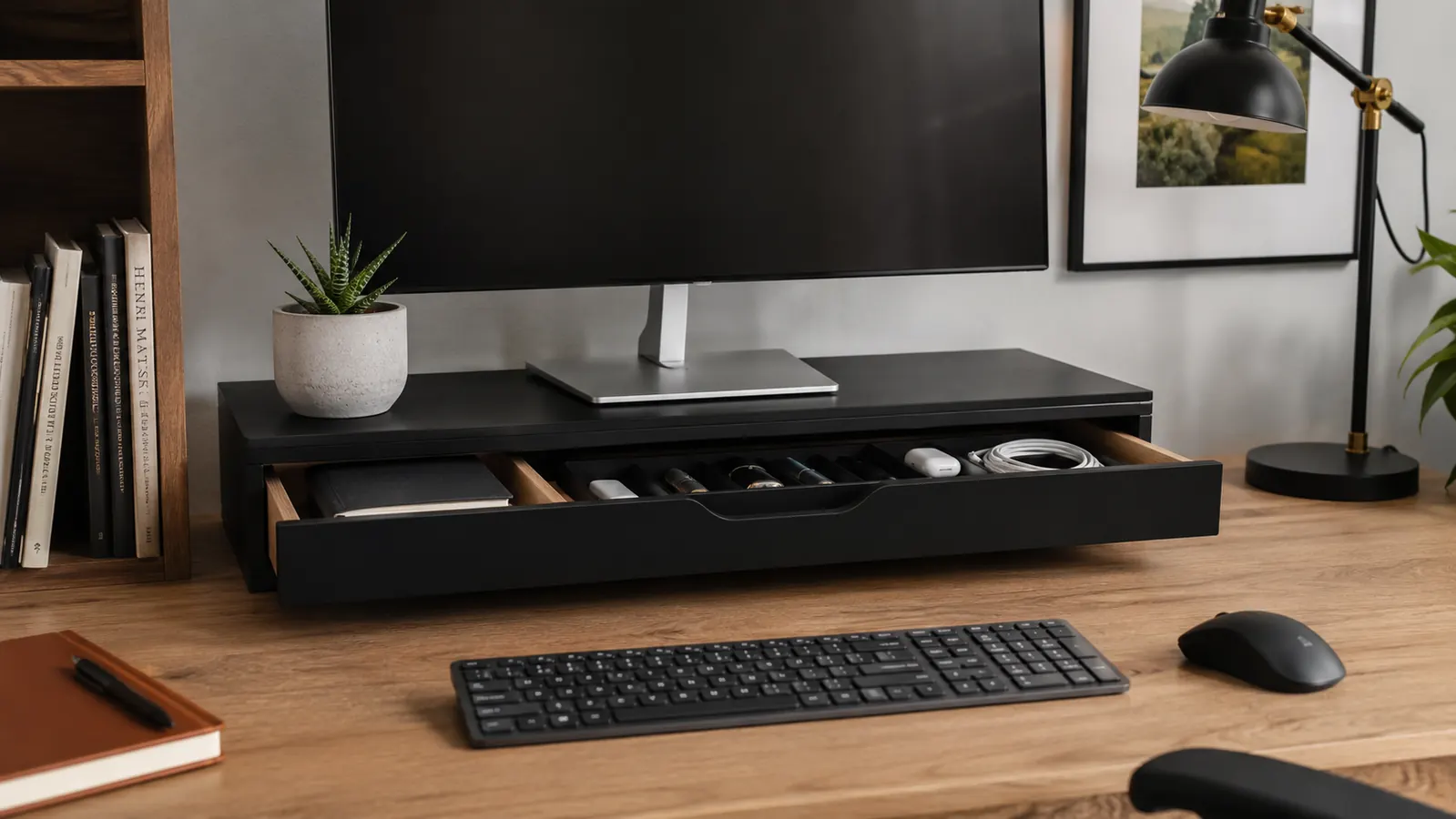 WALI monitor stand riser on a compact home office desk with keyboard tucked underneath, warm ambient lighting