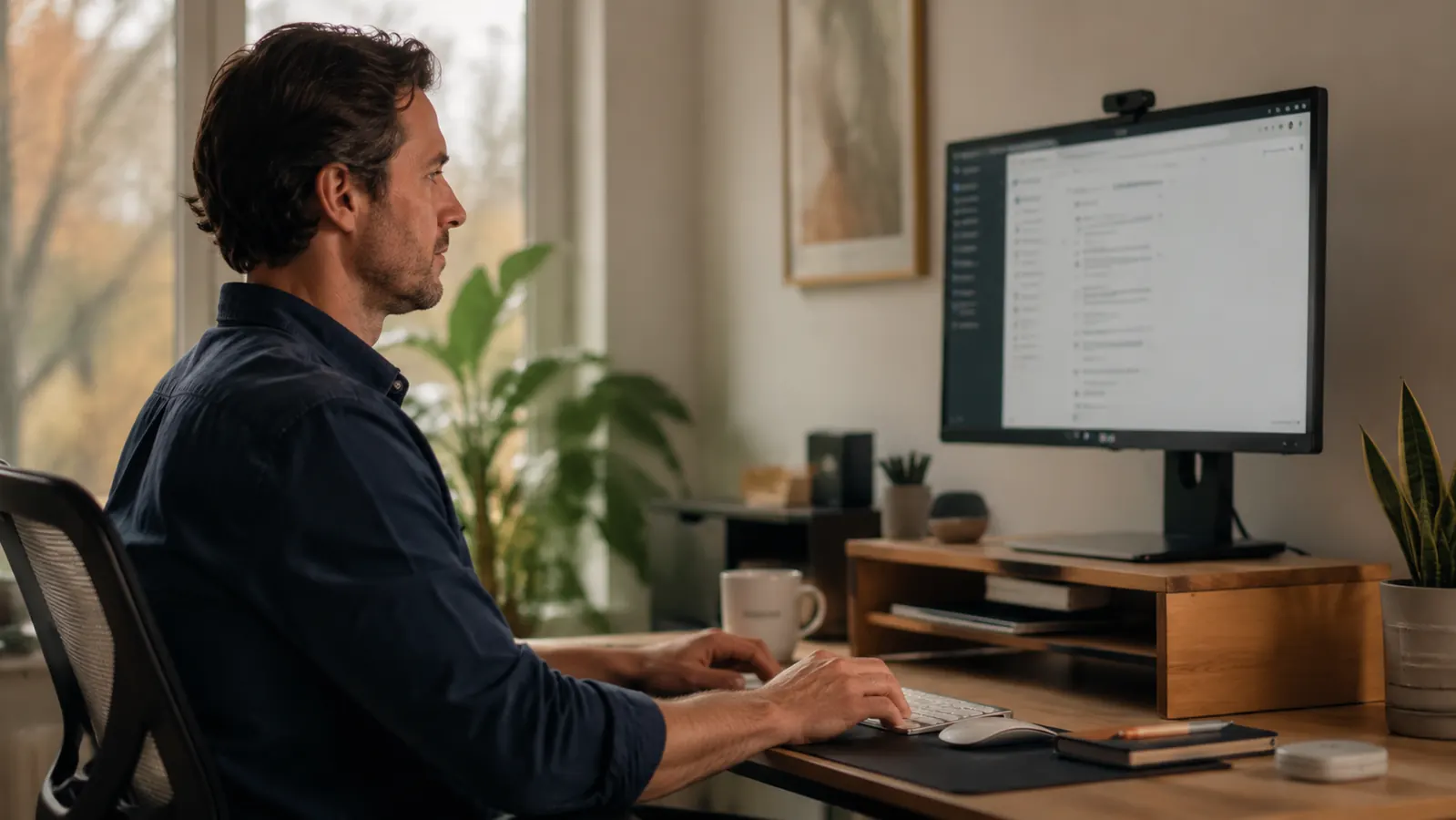 Person working at an organized home office desk with monitor at eye level on a riser, good posture, relaxed and focused expression