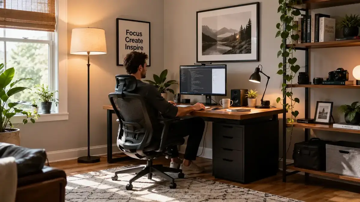 Person stretching at a home office desk in the afternoon, looking relaxed and energized