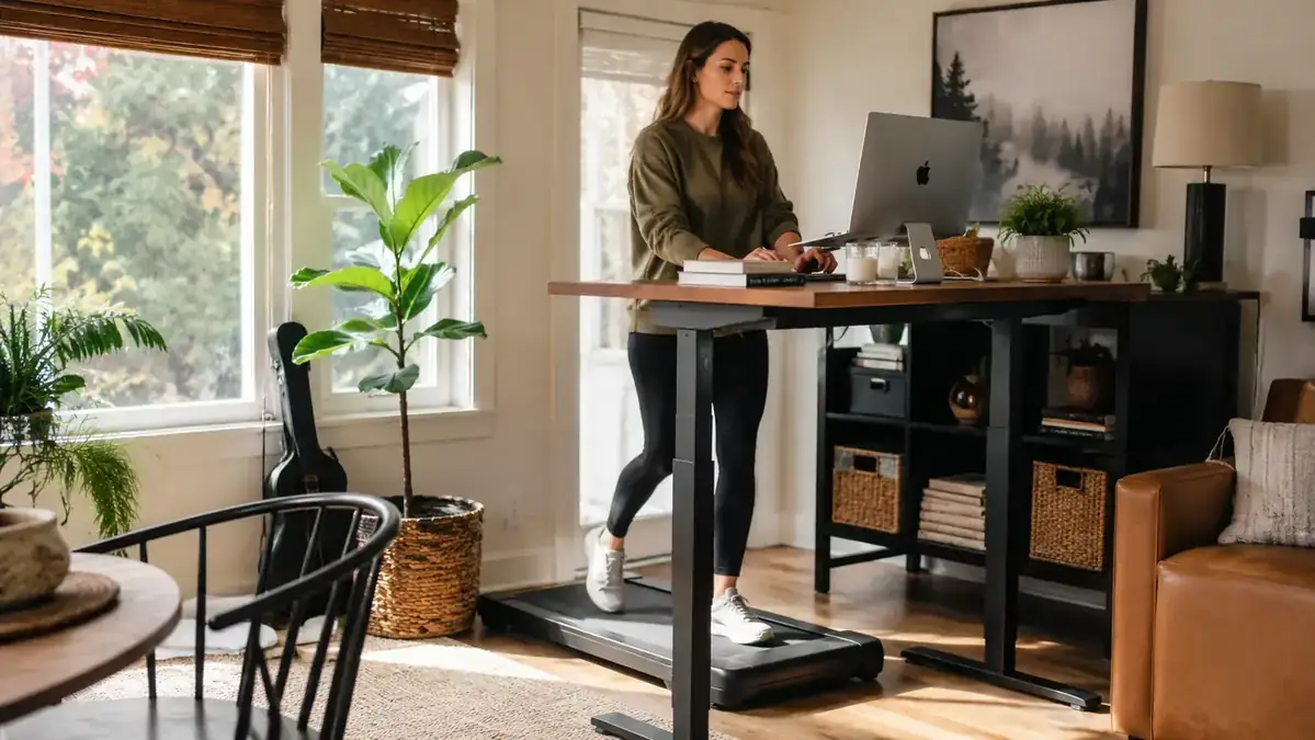 Home office desk with a walking pad treadmill underneath, viewed from the side in morning light