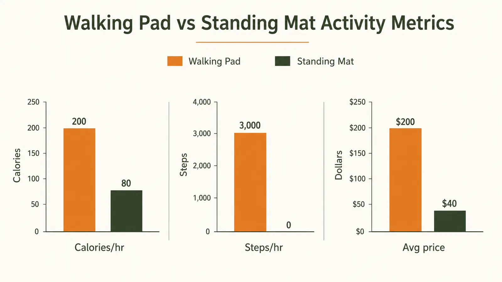 Side-by-side comparison chart of walking pad vs anti-fatigue mat showing calories burned, noise level, and cost