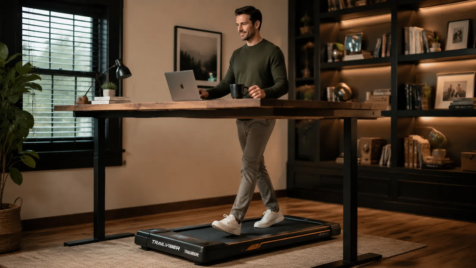 TRAILVIBER walking pad stored upright against a wall next to a desk, showing how slim it is