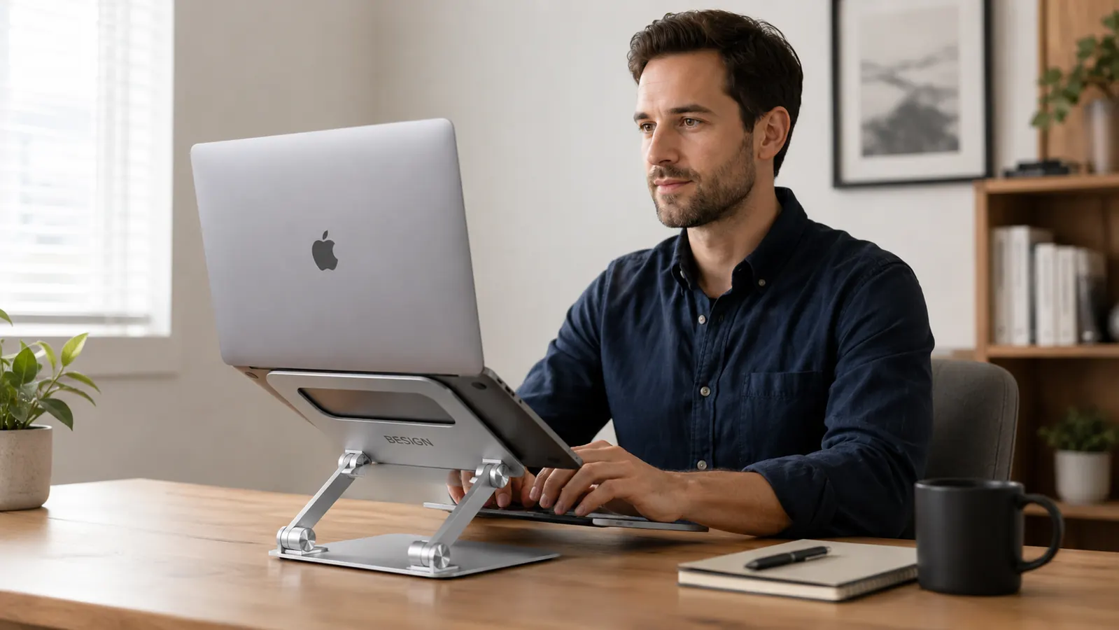 Close-up of the BESIGN LS03 aluminum laptop stand holding a silver laptop on a desk, side angle showing the height lift
