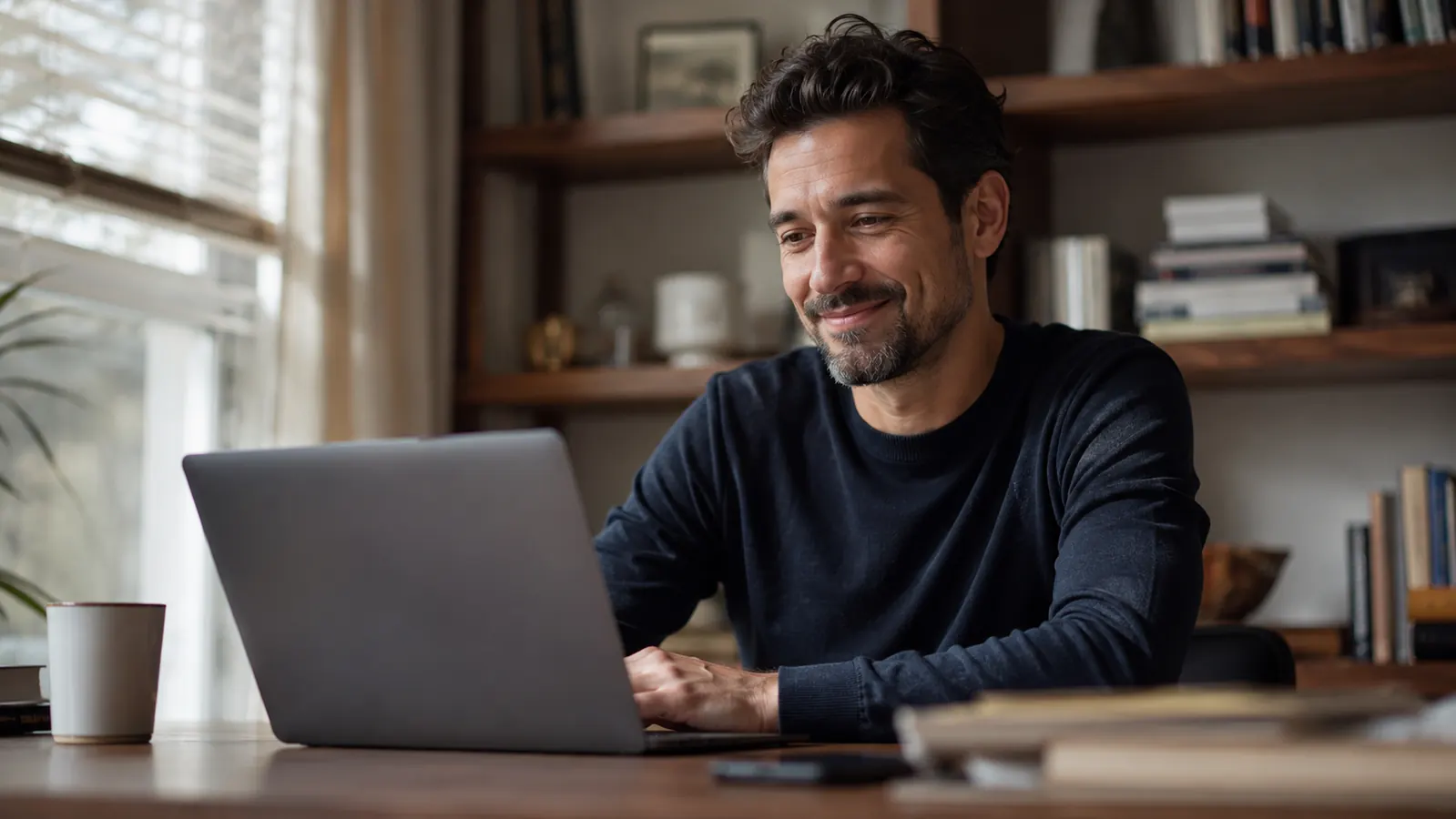 Side-by-side posture comparison: person hunching over a flat laptop on a desk versus sitting upright with laptop raised on a stand