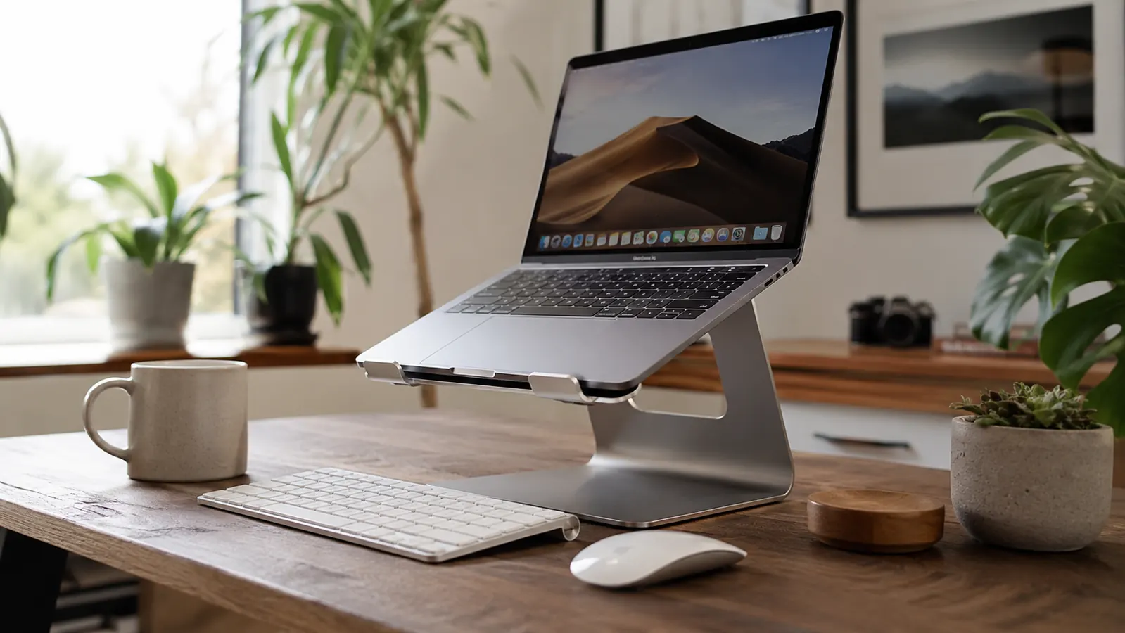Person sitting at a home office desk looking at a laptop raised on a stand at eye level, good posture, natural light from a window